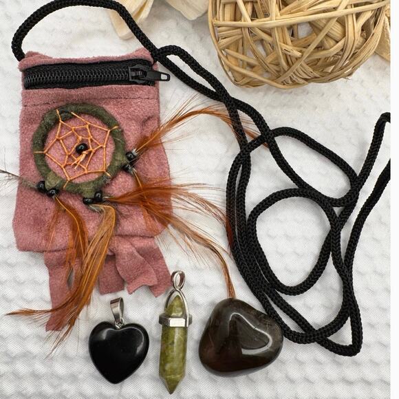 Boho Dreamcatcher Crystal Pouch Necklace w/ Smoky Quartz, Obsidian & Unakite - Picture 1 of 6